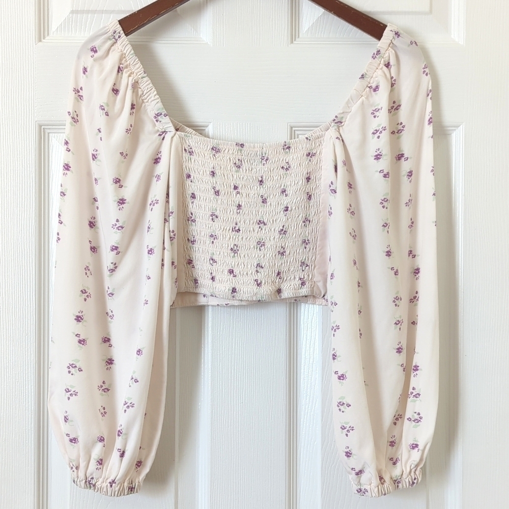 Wild Fable Boho Floral Quarter Balloon Sleeve Bustier Crop Top Cream Purple XS - Picture 10 of 11